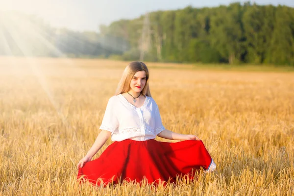 Menina Encantadora Traje Tradicional Caminha Campo Dos Cereais — Fotografia de Stock