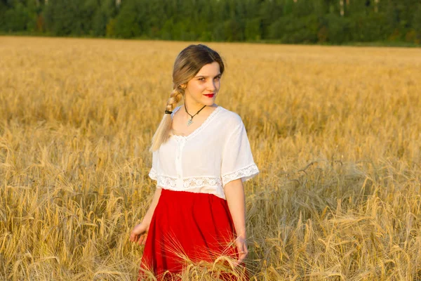 Menina Encantadora Traje Tradicional Caminha Campo Dos Cereais — Fotografia de Stock