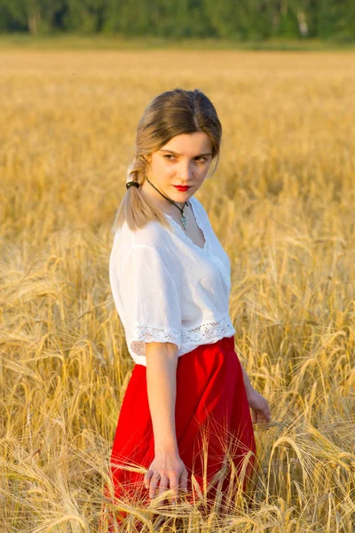 Belle Fille Dans Costume Traditionnel Promenades Sur Terrain Des Céréales — Photo