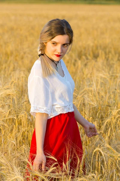 Lovely Girl Traditional Costume Walks Field Cereals — Stock Photo, Image