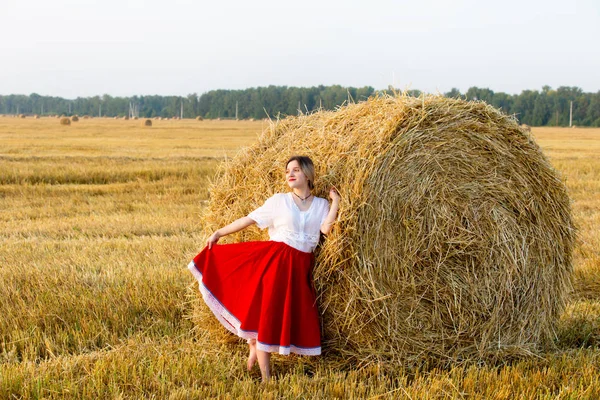 Menina Encantadora Traje Tradicional Caminha Campo Dos Cereais — Fotografia de Stock