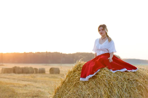 Schönes Mädchen Traditioneller Tracht Geht Auf Dem Getreidefeld — Stockfoto