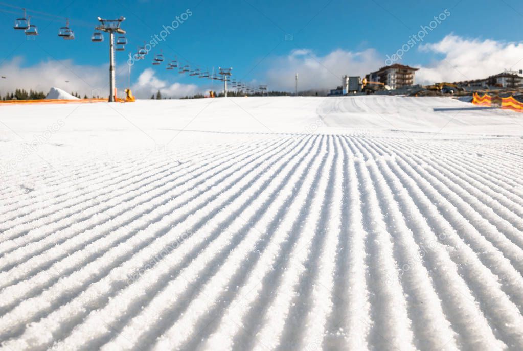 Winter vacation at a ski resort. Morning in the mountains