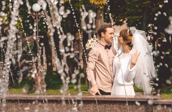 Stylish Gentle Wedding Young Beautiful Bride Groom Autumn Park — Stock Photo, Image