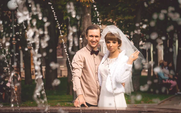 Felices recién casados en un hermoso parque de otoño — Foto de Stock