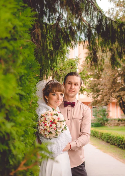 Güzel bir sonbahar park içinde mutlu yeni evliler