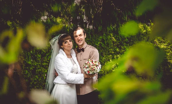 Jeune couple heureux couple de mariage dans le parc d'automne — Photo