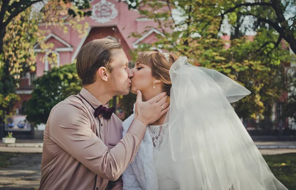 Nazik düğün öpücük. Romantik genç gelin ve damat