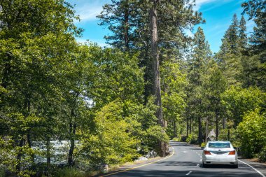 Yaz Araba Tur ABD'de doğal parklar üzerinde. Yosemite Vadisi'nde karayolu üzerinde aile otomobili