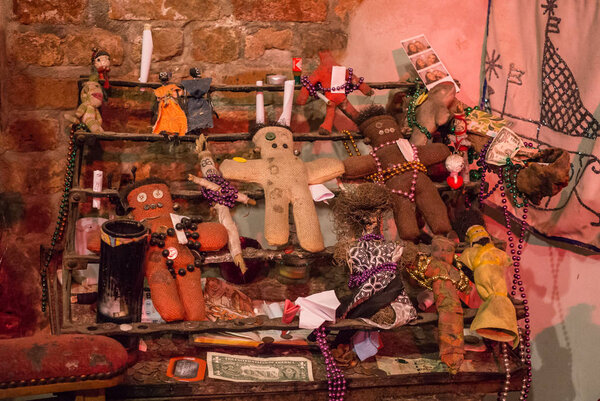 Ritual attributes of voodoo religion. Voodoo dolls and sacrifices