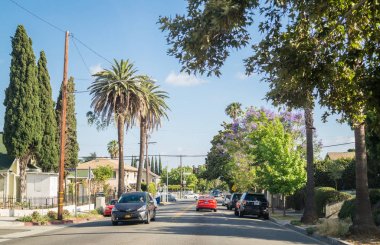 Los Angeles, Kaliforniya, ABD - 21 Mart 2017: Avuç içi ve Los Angeles sokaklarında. Melrose şehir yaşamında. Yeşil çimenler, tropikal palmiye ağaçları ve araçların yolda. Rahat konut çeyrek