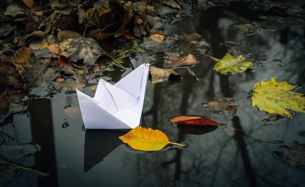 Barca di carta bianca e foglie autunno cadute — Foto Stock