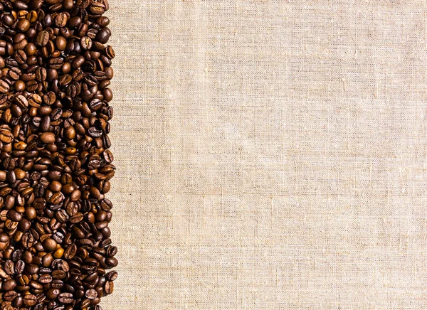 Organic Coffee Beans Linen Tablecloth Background Space Text — Stock Photo, Image