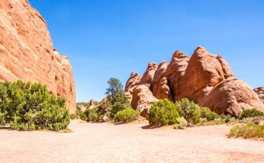 Moab, Utah çöl. Kayalar kumtaşı Arches Ulusal Parkı'nda. Yolculuk boyunca Batı ABD