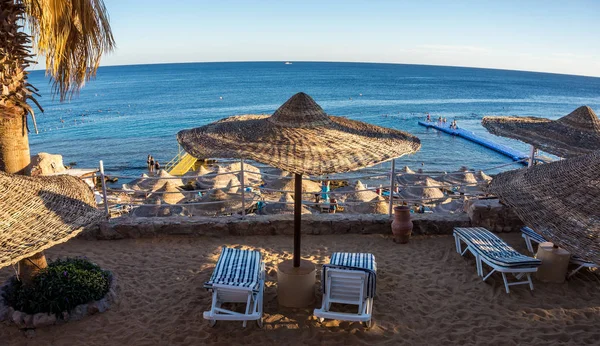 Plaj Plaj Şemsiye Sharm Sheikh Kızıldeniz Kıyısında Denizin Kenarında Aile — Stok fotoğraf