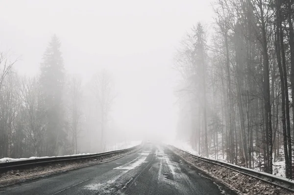 Mlhavo Silnici Horách Zimní Výlet Pohoří Karpaty Východní Evropa — Stock fotografie