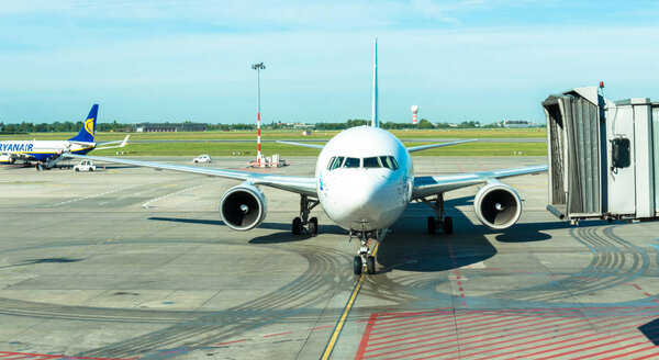 Passenger airplane on the runway. Frederic Chopin International Airport, Poland, Warsaw