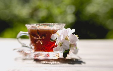 Bahar güneşli Bahçe, parlak sarı dandelions ve bir fincan çay