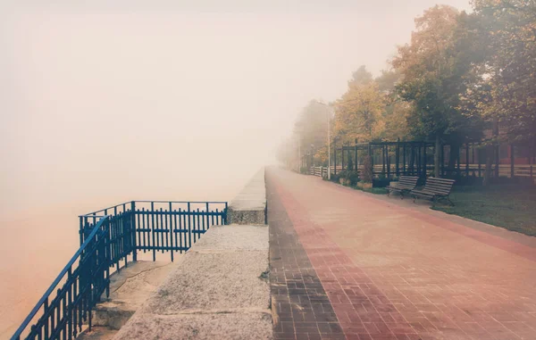 Csendes Elhagyatott Tengerparti Őszi Városi Park Nedves Őszi Köd Reggel — Stock Fotó