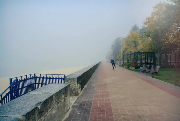 Csendes Elhagyatott Tengerparti Őszi Városi Park Nedves Őszi Köd Reggel — Stock Fotó