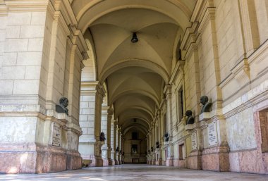Budapest / Hungary -August 29 2019: Stone columns and busts of ministers in the lobby of the building of the Ministry of Agriculture in Hungary in Budapest. Ancient majestic building on Lajos Kossuth