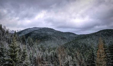 Doğu Avrupa 'daki Karpat Dağları' nın kış bulutlu manzarası