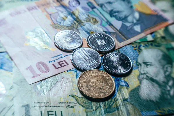 Billets Banque Roumains Leu Pièces Economie Europe Est — Photo