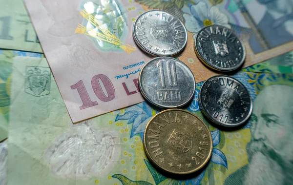 Billets Banque Roumains Leu Pièces Economie Europe Est — Photo