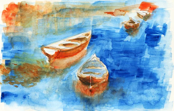 Watercolor boat on the lake — Stock Photo, Image