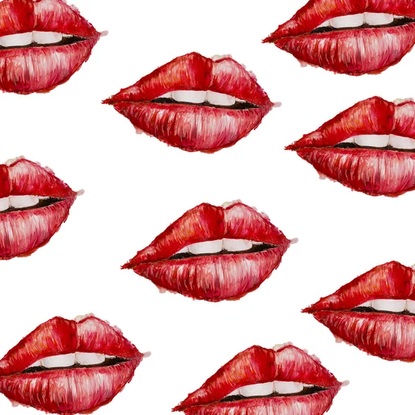 红色水彩唇，白色背景的无缝图案 — 图库照片