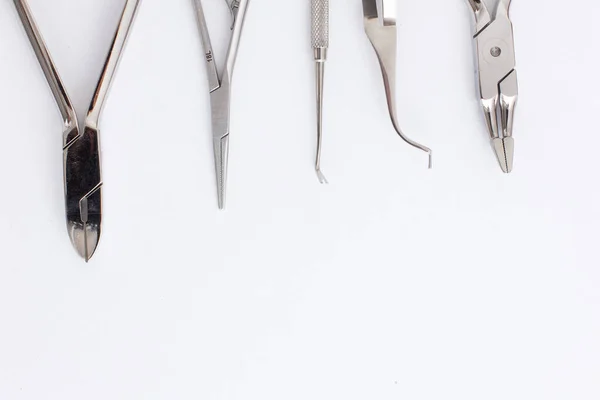 Zahnarztwerkzeuge. Zahnpflege, Konzept der Zahngesundheit. weißer Hintergrund von oben Ansicht Kopierraum — Stockfoto