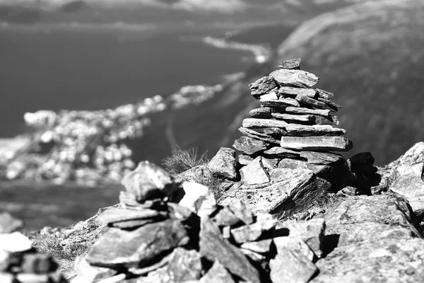 Black and white Norway zen rock towers background