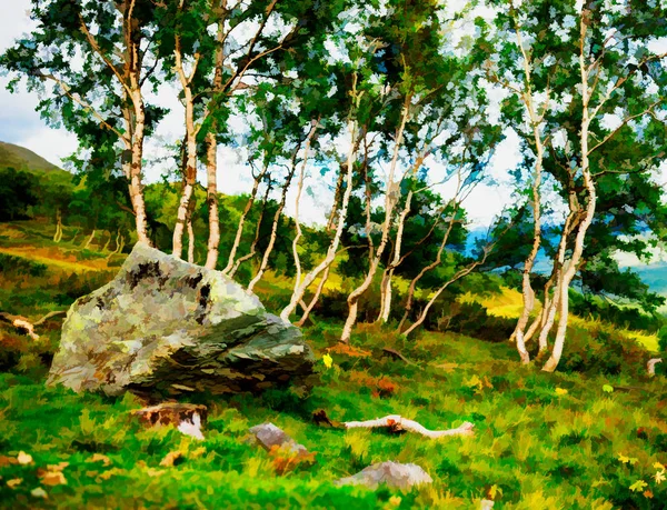 Piedra en bosque de montaña fondo ilustración — Foto de Stock