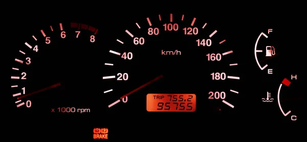 Horizontal isolated red car speedometer no fuel panel background — Stock Photo, Image