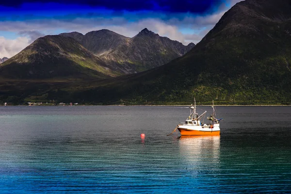 Norway ship near fjord landscape background Stock Image