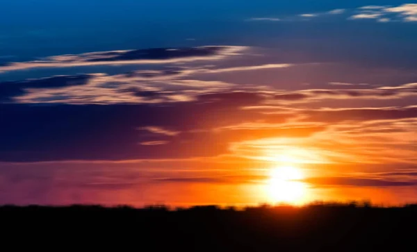 Горизонтальный яркий закат лесной силуэт облачный пейзаж b — стоковое фото