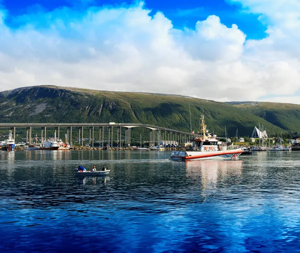 Norway bridge and ships postcard background — Stock Photo, Image