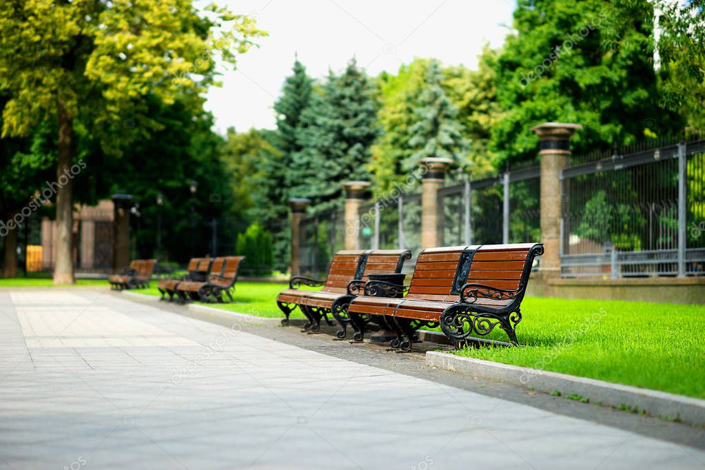 Horizontal city park benches background