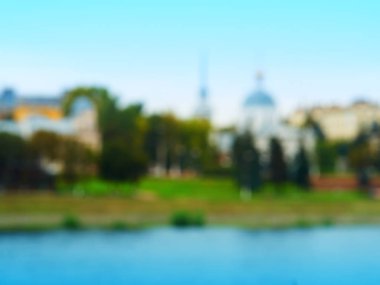 Dramatic buildings on river architecture bokeh background
