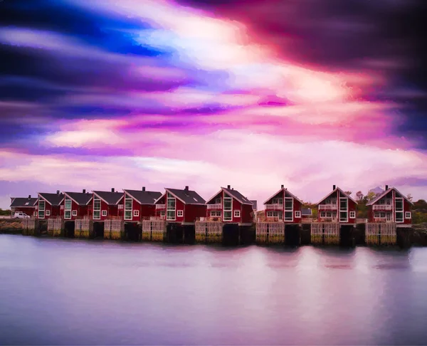 Vibrante Lofoten cottage illustrazione sfondo — Foto Stock