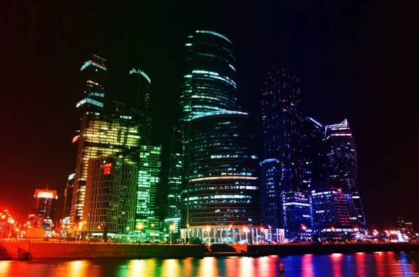 Futuristic Moscow city neon skyscrapers at night background