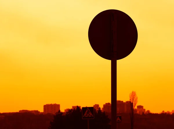 Panneau Routier Coucher Soleil Arrière Plan — Photo