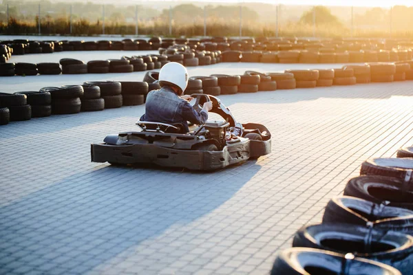 Karting competition or racing cars riding for victory on a racet — Stock Photo, Image