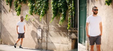 Sakallı, beyaz, boş tişörtlü, beysbol şapkalı, logonuz için yeri olan yakışıklı bir hippi mankeni.