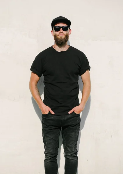 Hipster Handsome Male Model Beard Wearing Black Blank Shirt Baseball — Stock Photo, Image