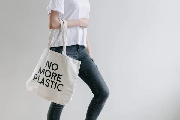 Eco Concept Woman Holding White Textile Eco Bag White Wall — Stock Photo, Image