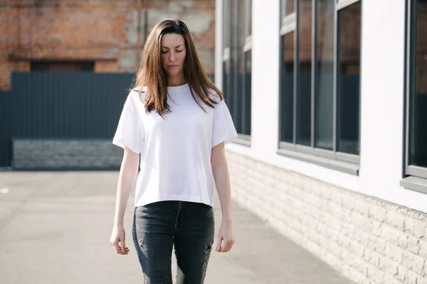 Skinny Woman Wearing White Blank Shirt Black Jeans Space Your — Stock Photo, Image