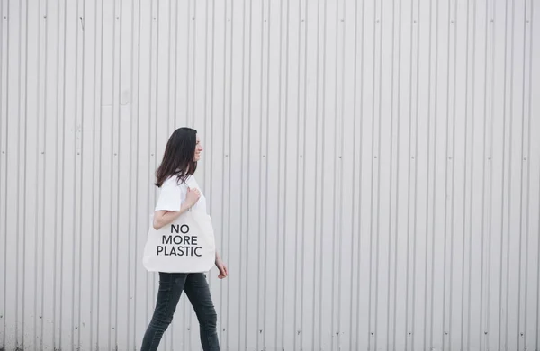 More Plastic Eco Concept Woman Holding White Textile Eco Bag — Stock Photo, Image