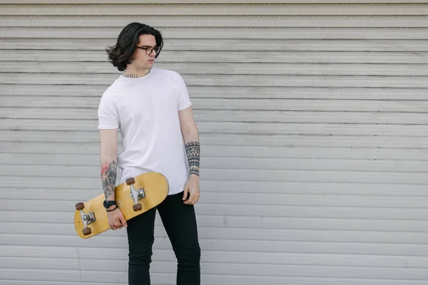 Hipster Handsome Male Model Wearing White Blank Shirt Space Your — Stock Photo, Image