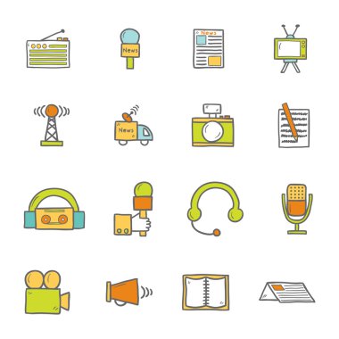 Vektör karikatür elle çizilmiş gazetecilik simgeleri çizim